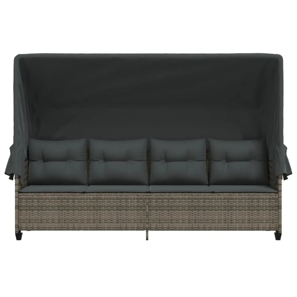 Sun Lounger with Retractable Canopy Cushions Grey Poly Rattan Outdoor Furniture