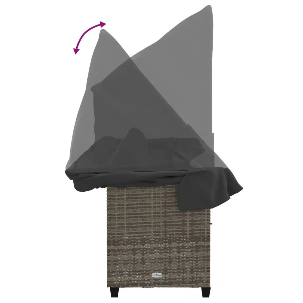 Sun Lounger with Retractable Canopy Cushions Grey Poly Rattan Outdoor Furniture