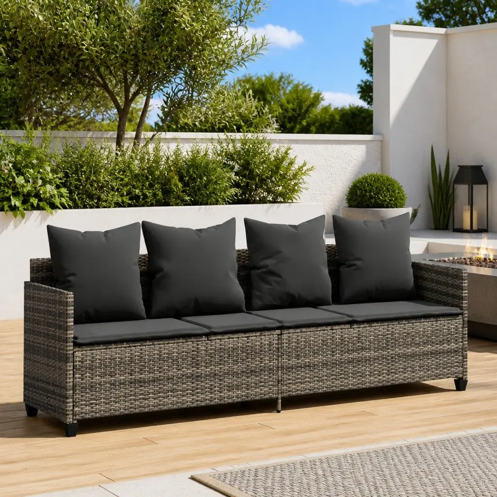Sun Lounger Grey Adjustable Backrest Footrest PE Rattan with Cushions