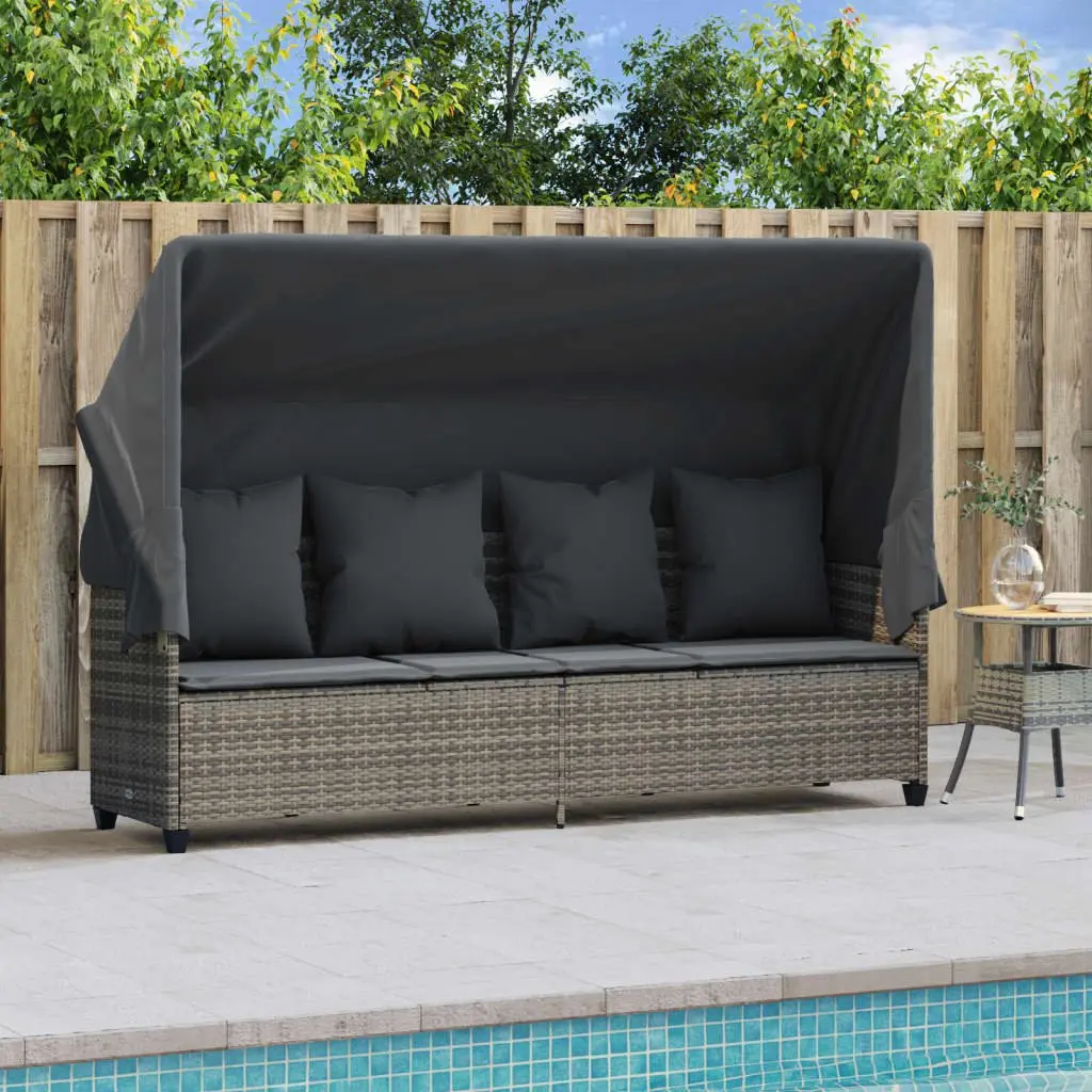 Sun Lounger with Retractable Canopy Adjustable Backrest Footrest Grey Rattan
