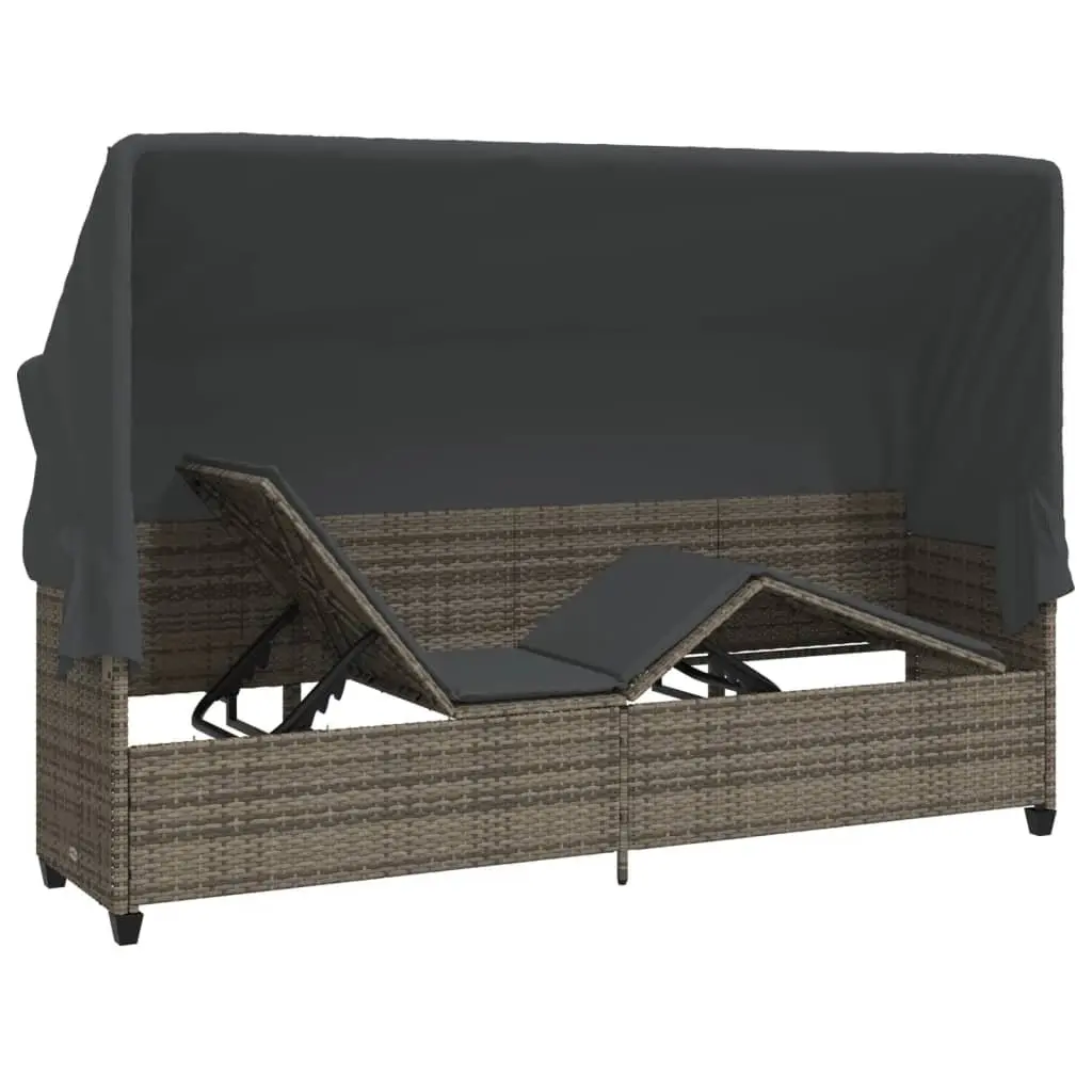 Sun Lounger with Retractable Canopy Adjustable Backrest Footrest Grey Rattan
