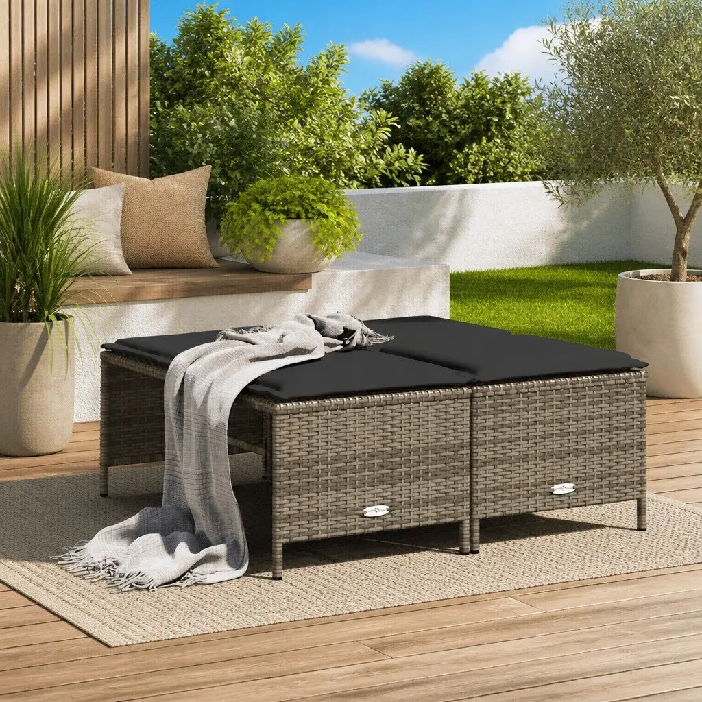 Garden Stools Grey 4 Piece Outdoor Foot Rests with Cushions Poly Rattan Set