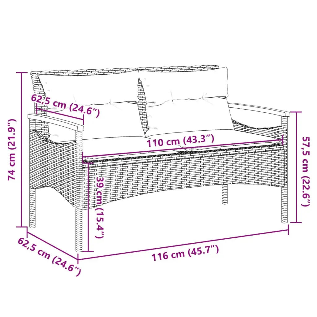 Garden Bench Black PE Rattan with Cushions Outdoor Seating