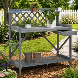 Potting Bench with Trellis Grey Solid Wood Fir Garden Plant Stand Workbench