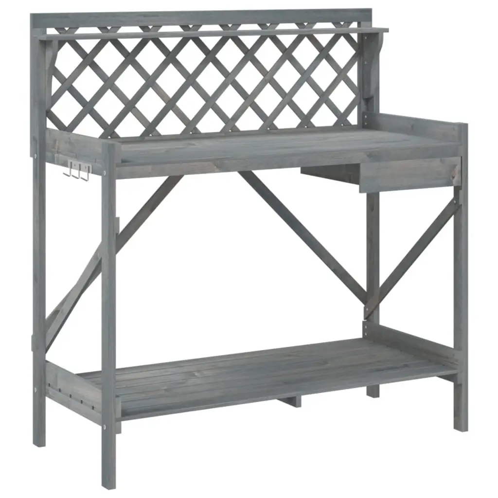 Potting Bench Grey Solid Wood with Trellis Open Shelves Storage Drawer and Metal Hooks