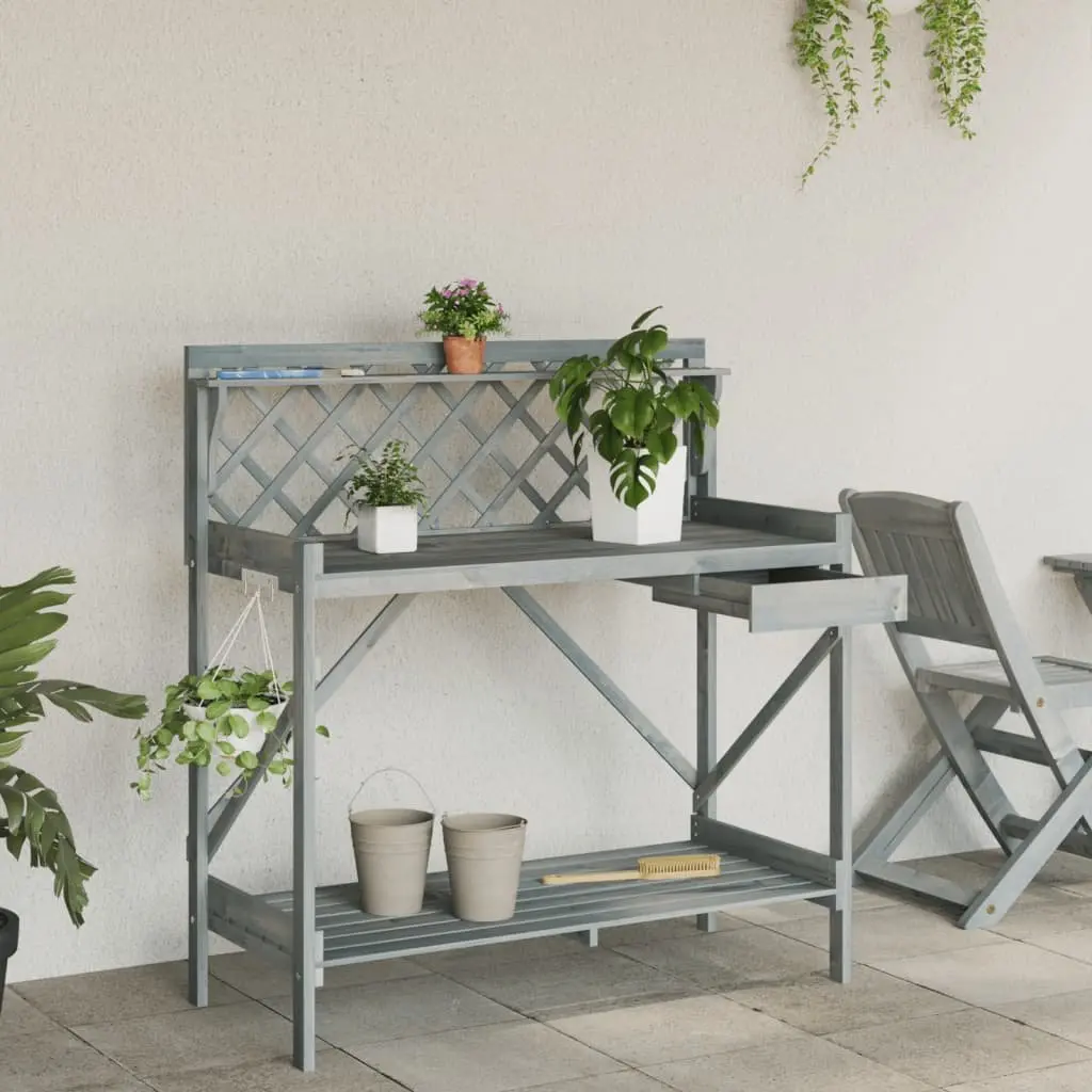 Potting Bench Grey Solid Wood with Trellis Open Shelves Storage Drawer and Metal Hooks