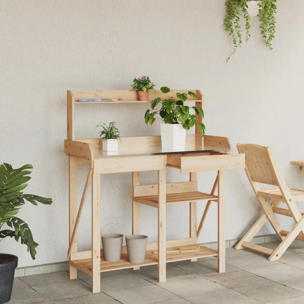 Potting Bench Brown Solid Wood Garden Plant Stand with Open Shelves Drawer and Slat Bottom Shelf