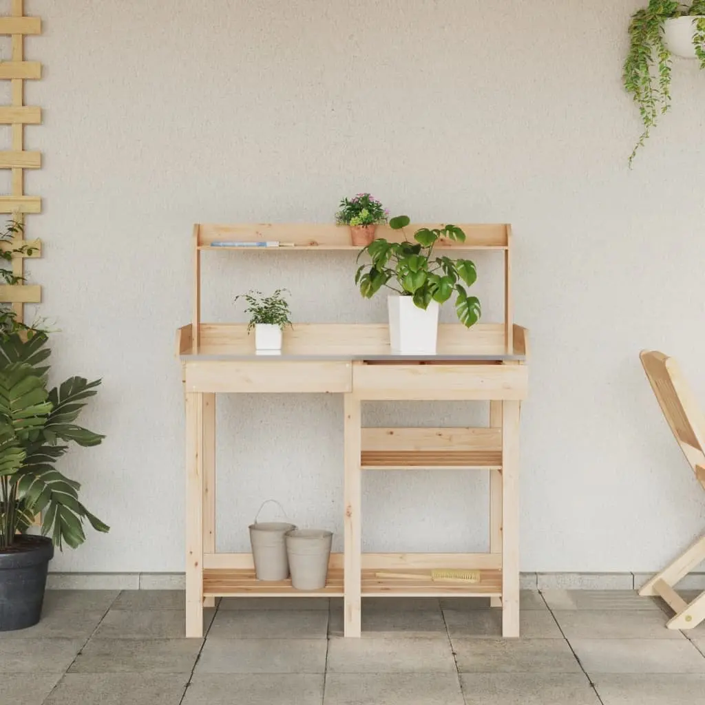 Potting Bench Brown Solid Wood Garden Plant Stand with Open Shelves Drawer and Slat Bottom Shelf