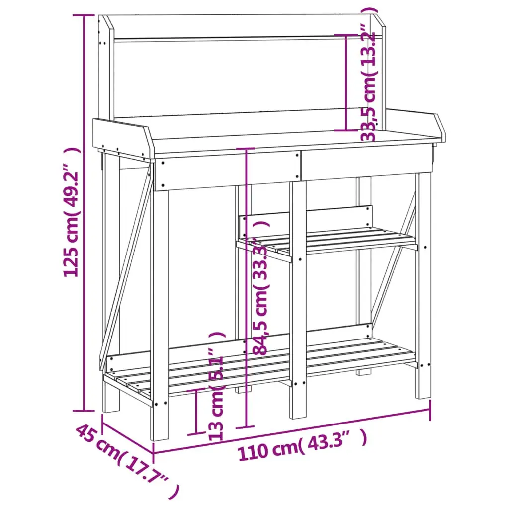 Potting Bench Brown Solid Wood Garden Plant Stand with Open Shelves Drawer and Slat Bottom Shelf