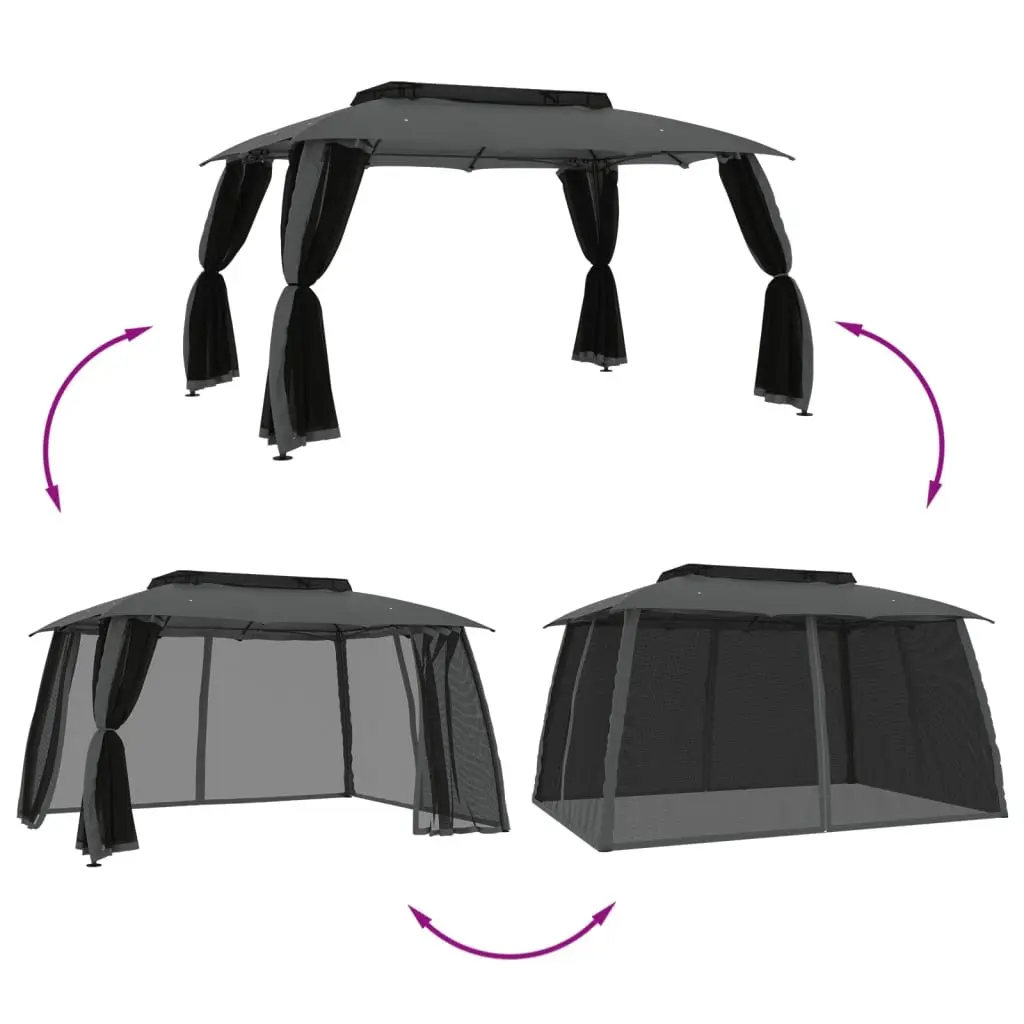 Gazebo Anthracite 3.93x2.93m Double Roof Mesh Walls Outdoor Garden Canopy Shelter