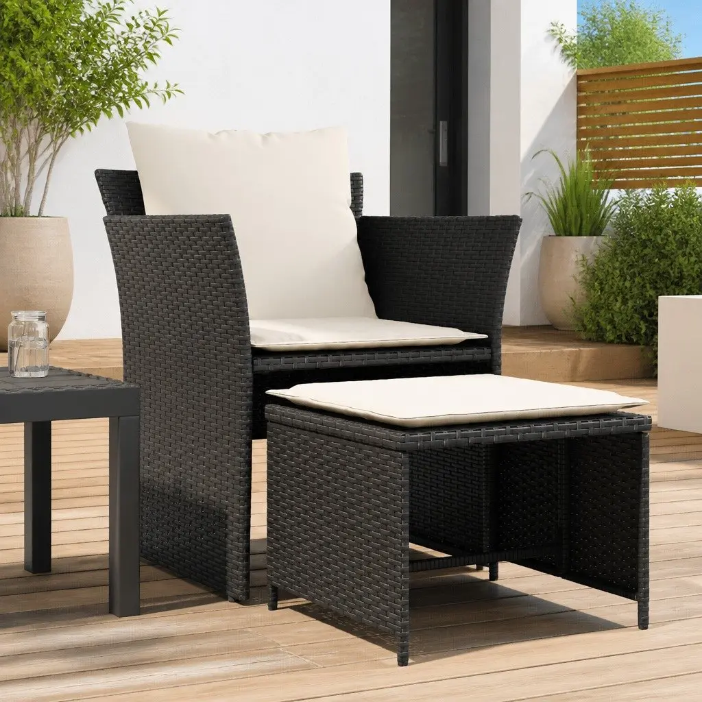 Garden Chair with Footstool Black Poly Rattan Outdoor Armchair Patio Seat