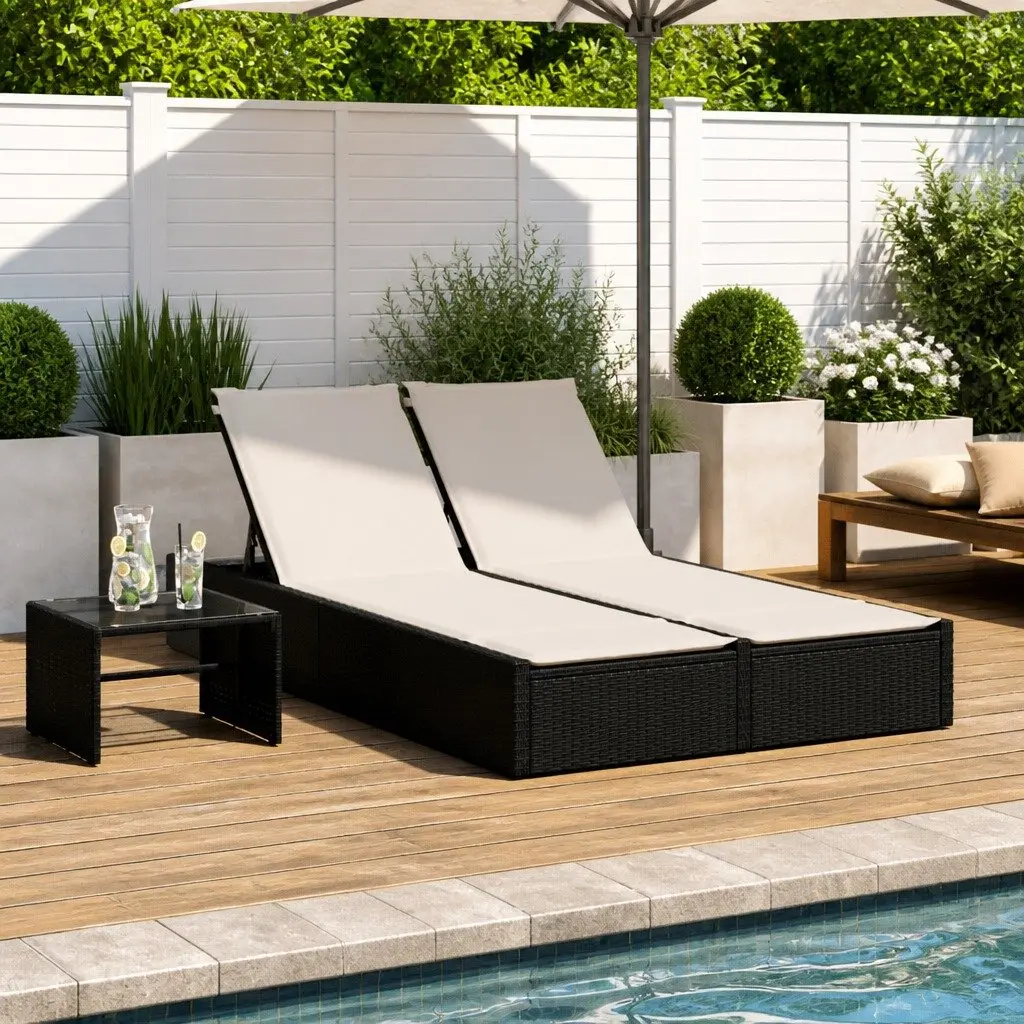Double Sun Lounger Black with Cushions Adjustable Backrest Outdoor Rattan Furniture
