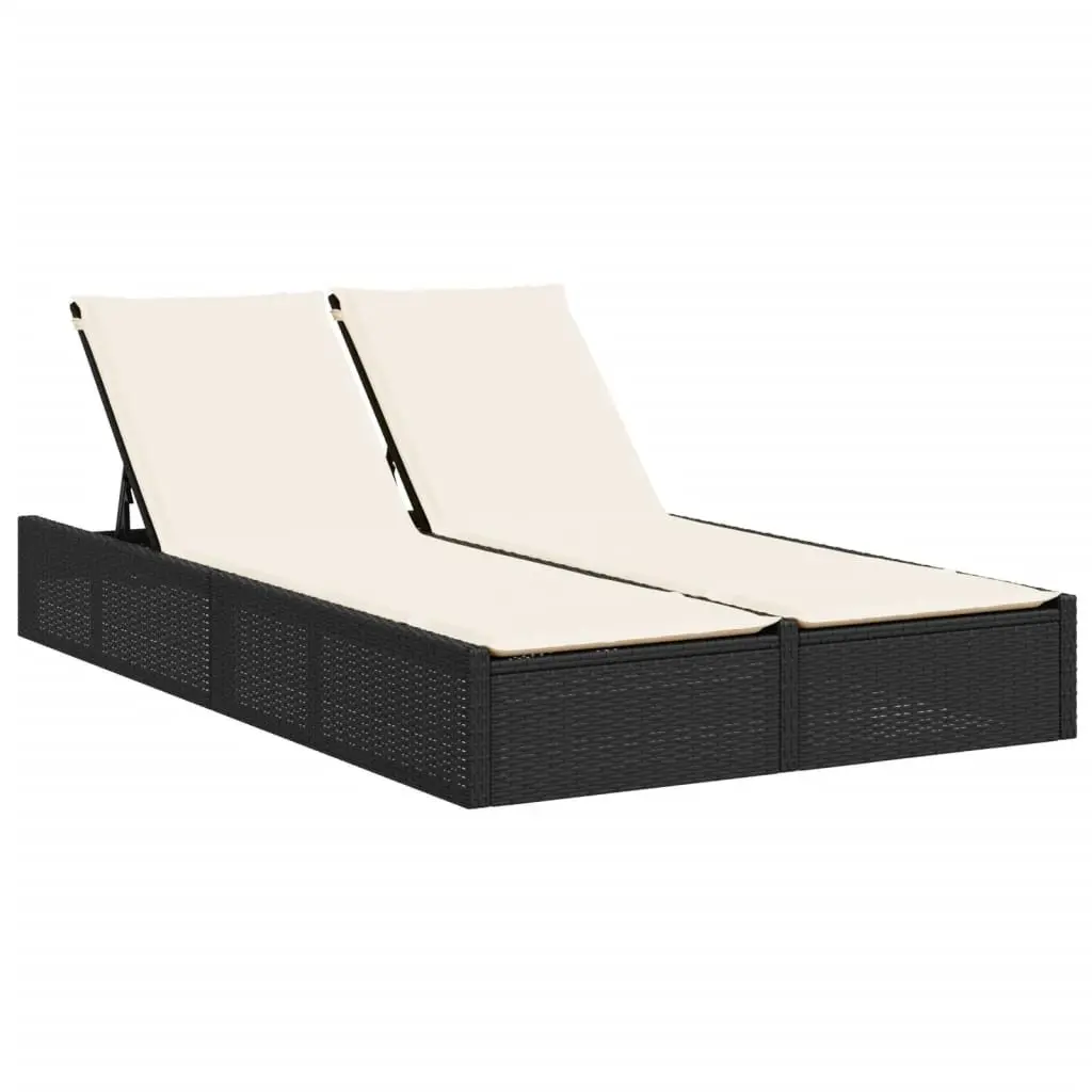 Double Sun Lounger Black with Cushions Adjustable Backrest Outdoor Rattan Furniture