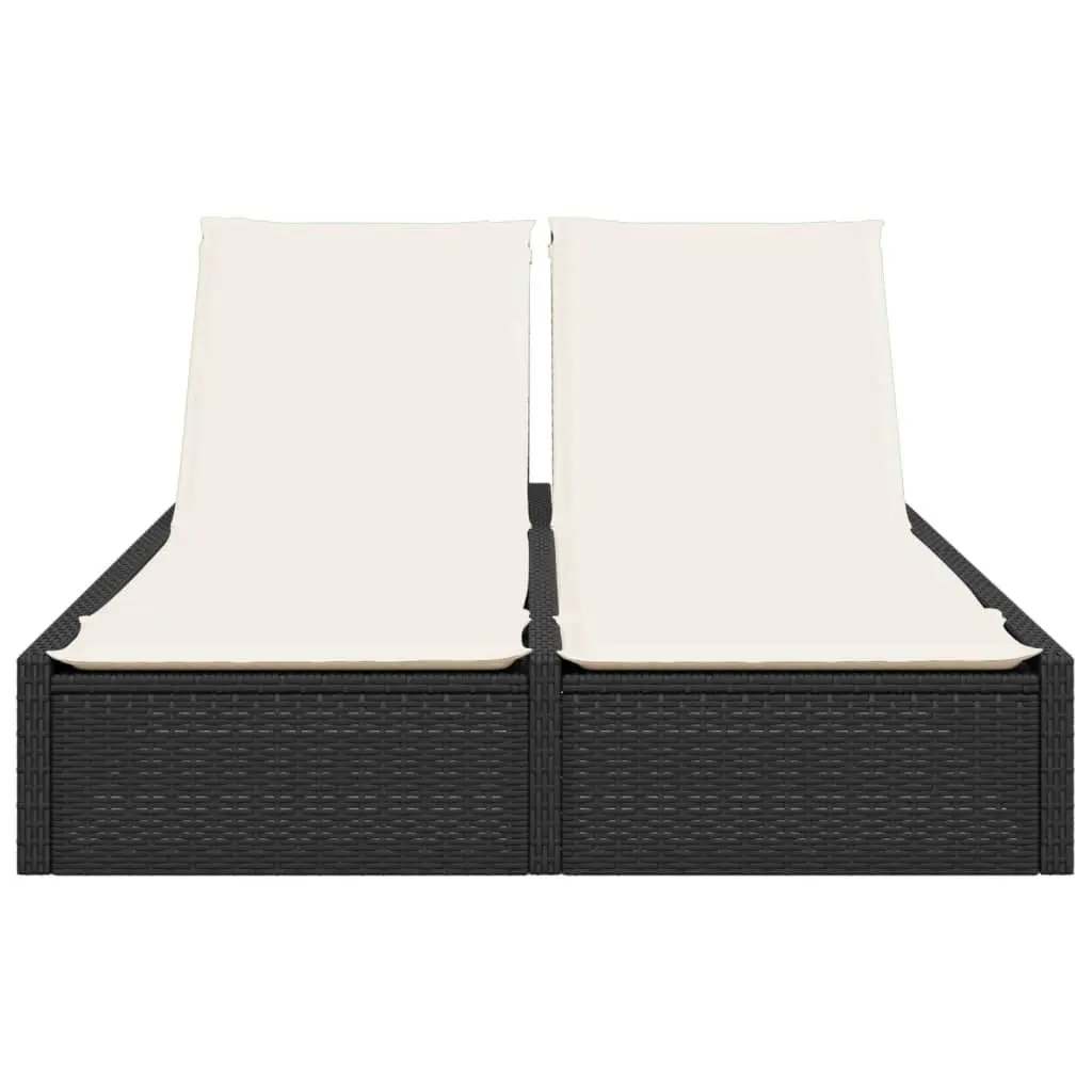 Double Sun Lounger Black with Cushions Adjustable Backrest Outdoor Rattan Furniture