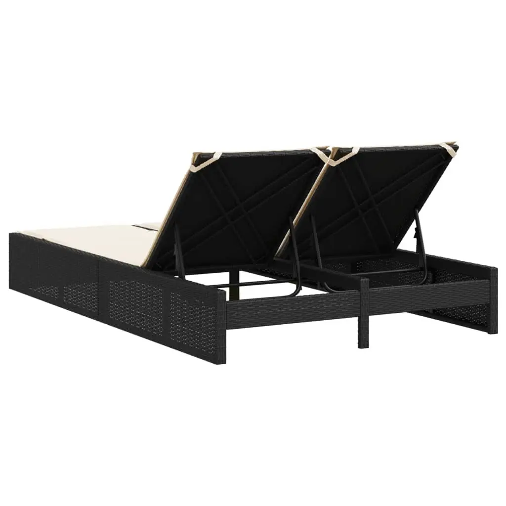 Double Sun Lounger Black with Cushions Adjustable Backrest Outdoor Rattan Furniture