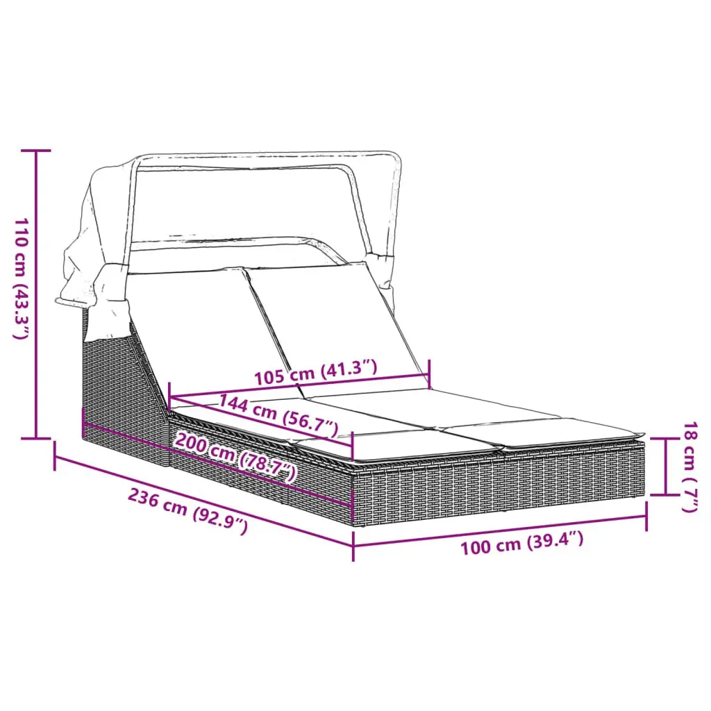 Double Sun Lounger with Retractable Canopy Adjustable Backrest Outdoor Seating