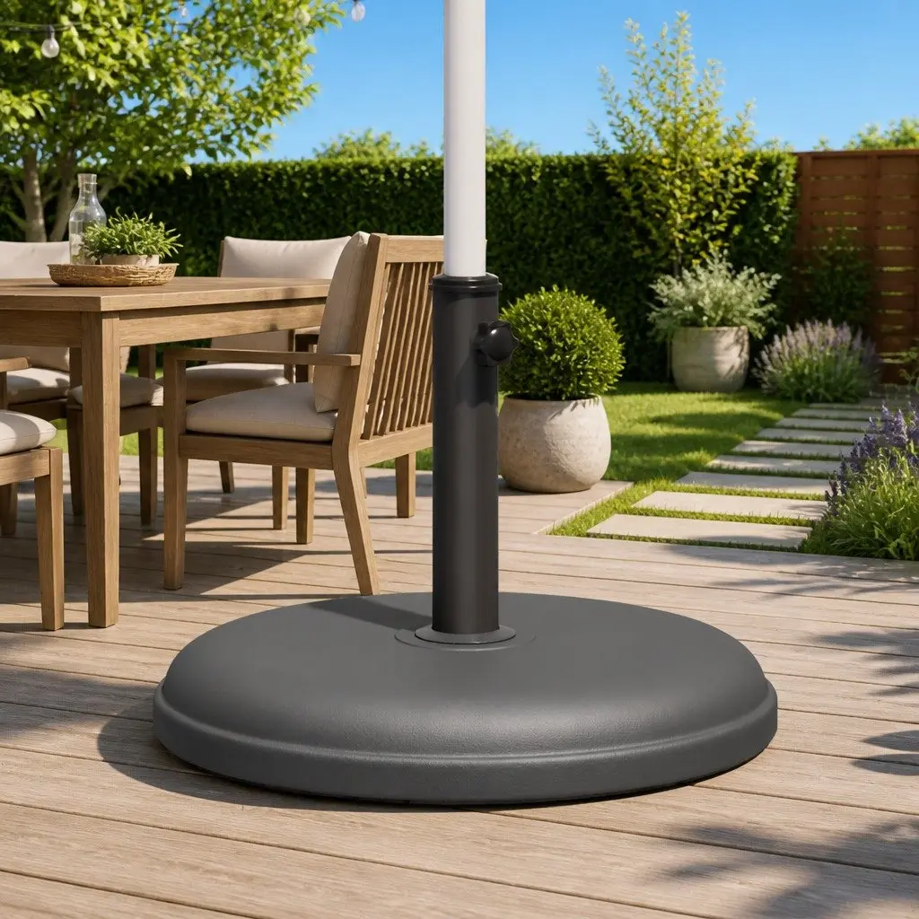 Round Parasol Base Grey 15kg Stable Umbrella Stand Fits 32mm 35mm 38mm Poles