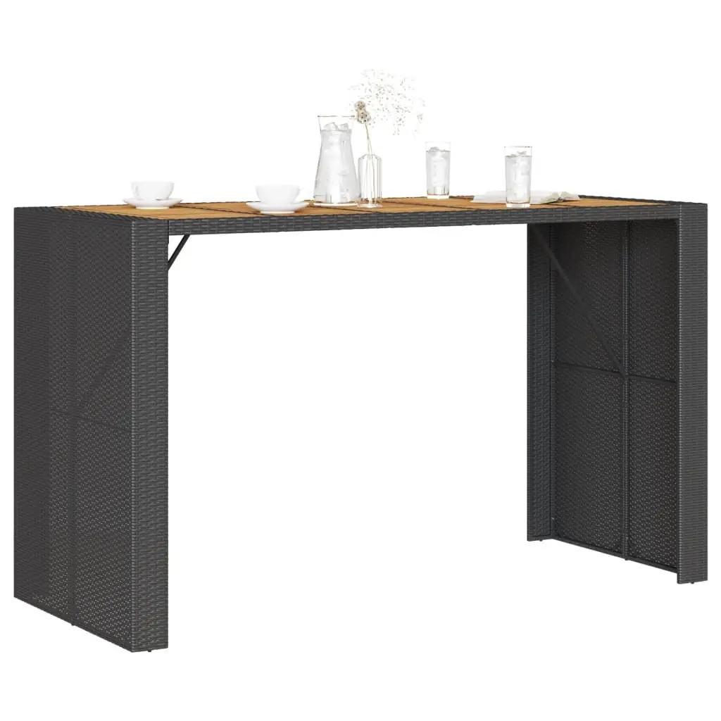 Garden Bar Table Black Acacia Wood Top Weather-Resistant Poly Rattan Frame