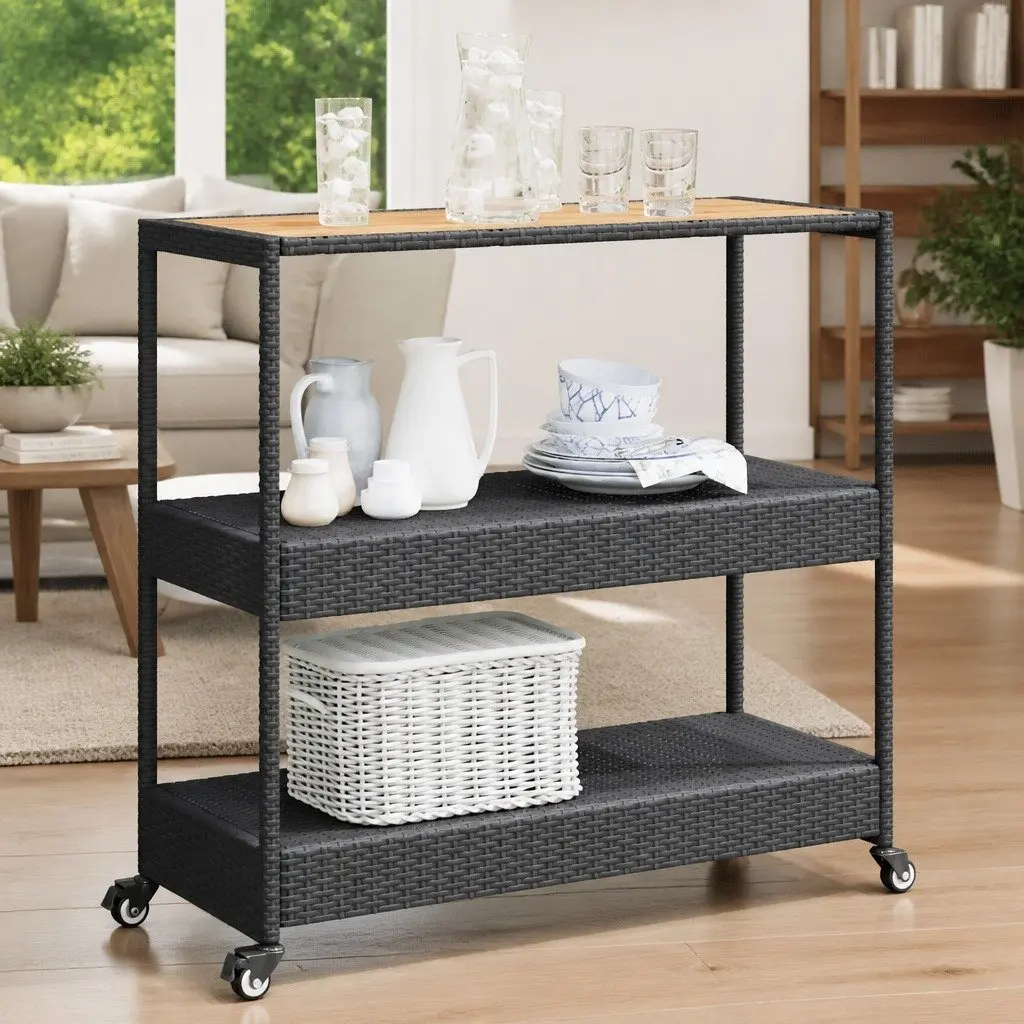 3-Tier Bar Cart Black Acacia Wooden Top PE Poly Rattan Storage Drinks Serving