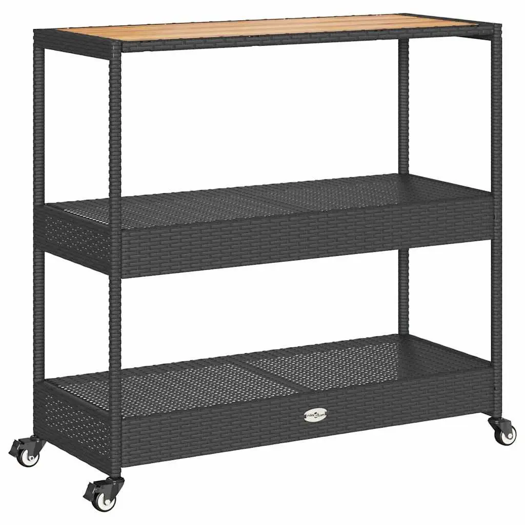3-Tier Bar Cart Black Acacia Wooden Top PE Poly Rattan Storage Drinks Serving