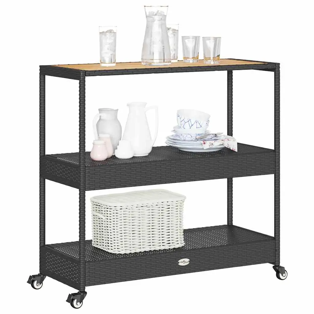 3-Tier Bar Cart Black Acacia Wooden Top PE Poly Rattan Storage Drinks Serving