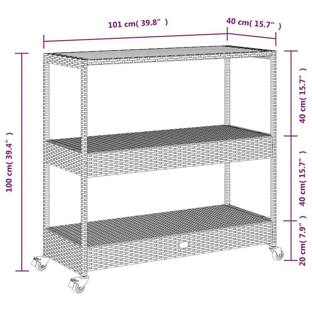 3-Tier Bar Cart Black Acacia Wooden Top PE Poly Rattan Storage Drinks Serving