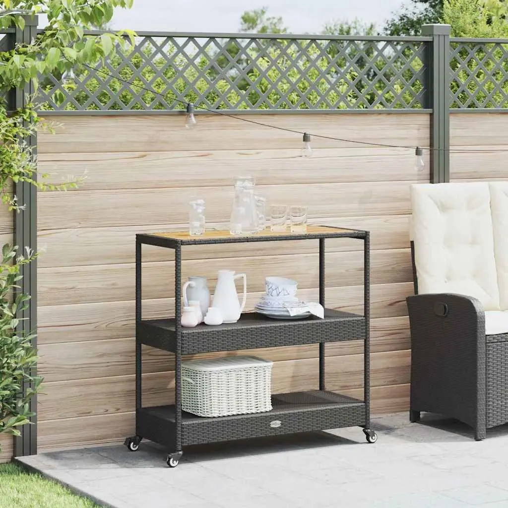 3-Tier Bar Cart Black Acacia Wooden Top PE Poly Rattan Storage Drinks Serving