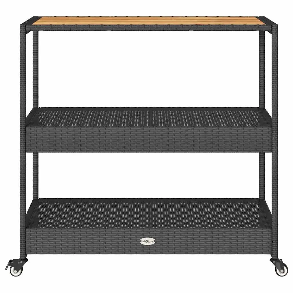 3-Tier Bar Cart Black Acacia Wooden Top PE Poly Rattan Storage Drinks Serving