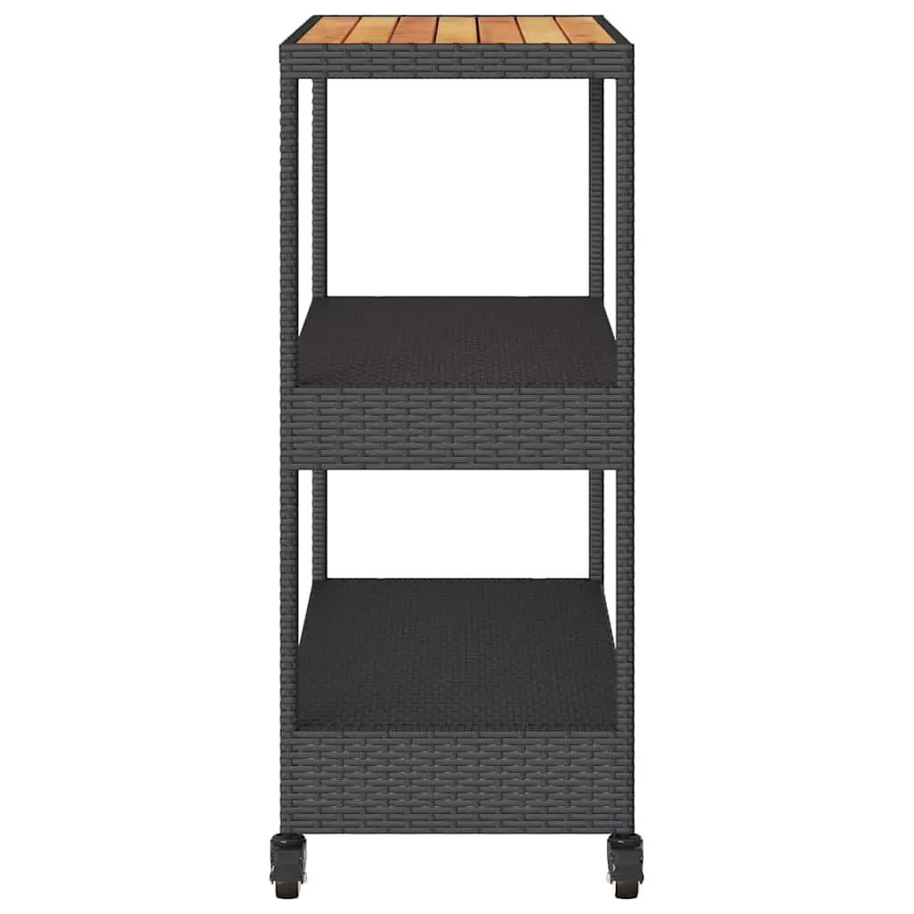 3-Tier Bar Cart Black Acacia Wooden Top PE Poly Rattan Storage Drinks Serving