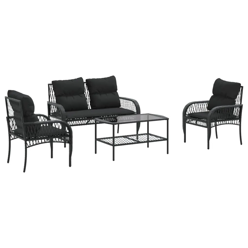 4 Piece Black Rattan Outdoor Sofa Set with Cushions and Tempered Glass Table for Patio and Garden