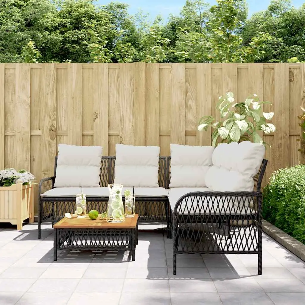 Black Outdoor Patio Furniture Set 2 Piece Cushioned PE Rattan Sofa with Powder-Coated Steel Frame and Acacia Wood Tabletop