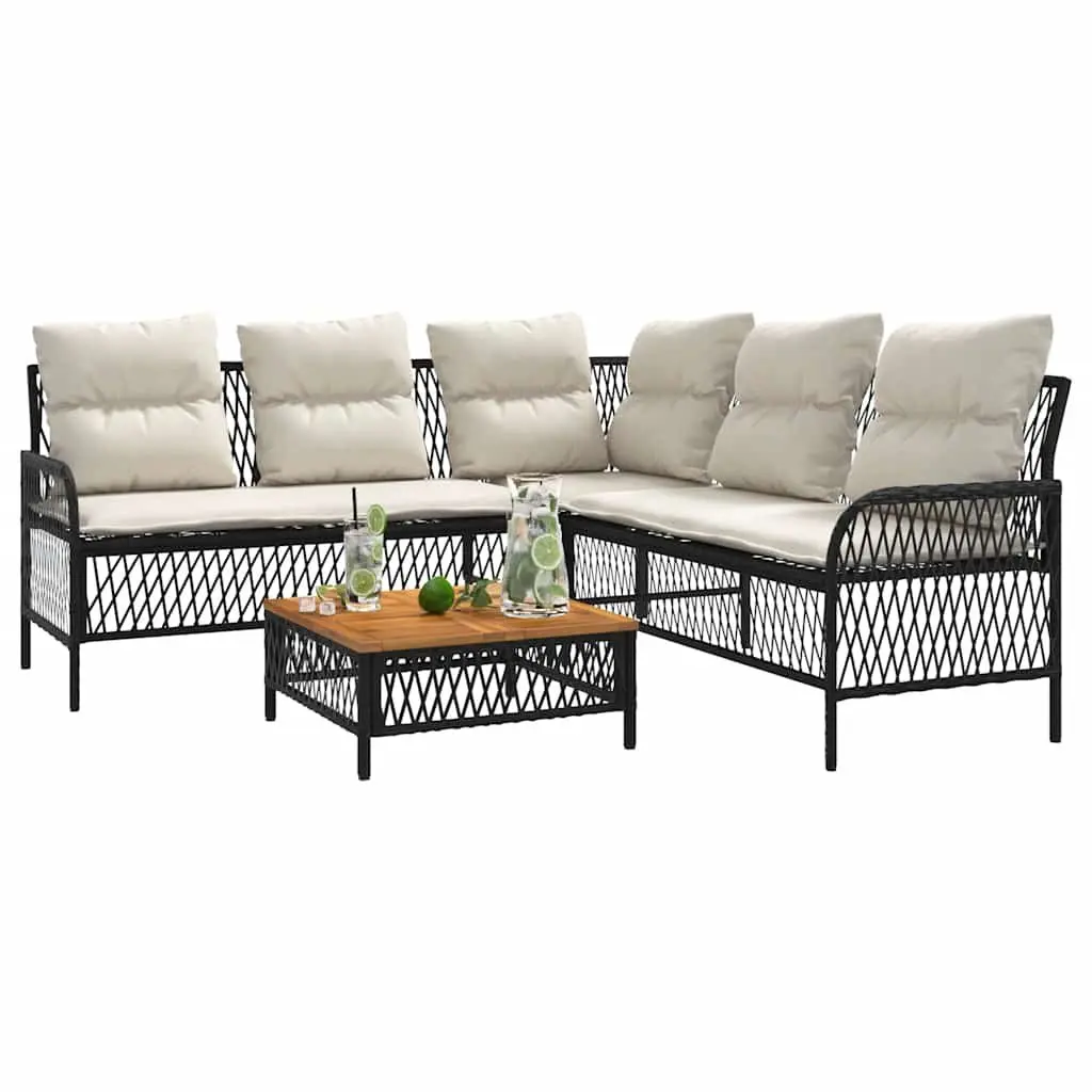 Black Outdoor Patio Furniture Set 2 Piece Cushioned PE Rattan Sofa with Powder-Coated Steel Frame and Acacia Wood Tabletop