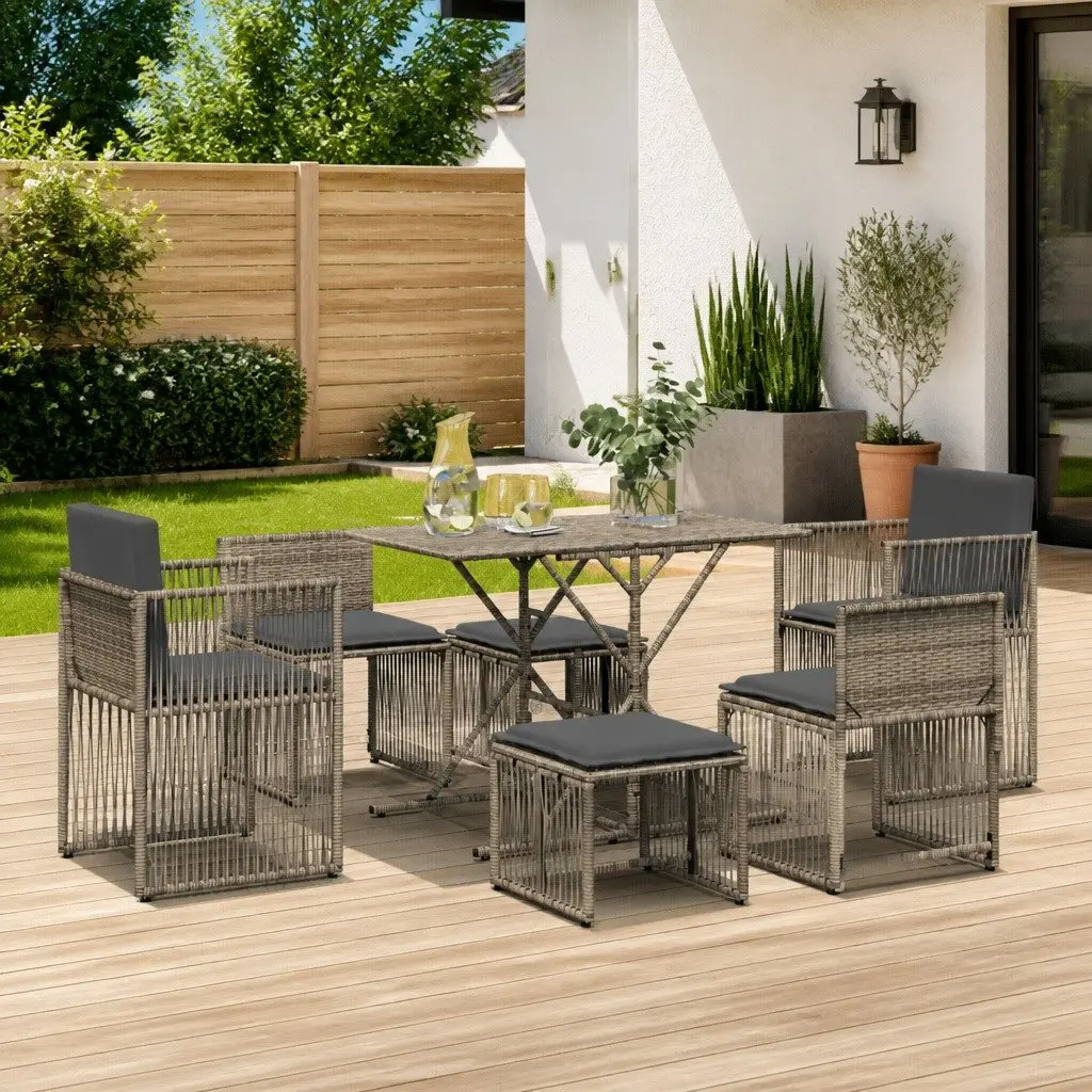 7 Piece Garden Dining Set with Cushions Grey Poly Rattan Outdoor Furniture