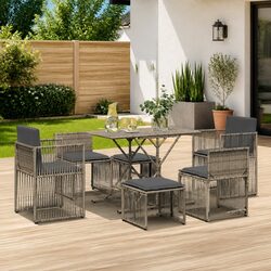 7 Piece Grey Poly Rattan Dining Set: Compact and Stylish