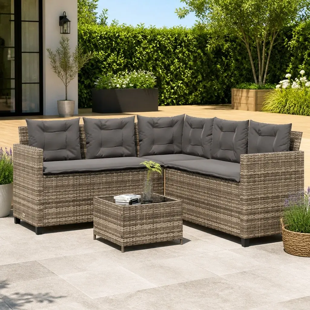 Grey Outdoor Patio Sofa Set L-Shaped with Table Poly Rattan Thick Cushions and Tempered Glass Top