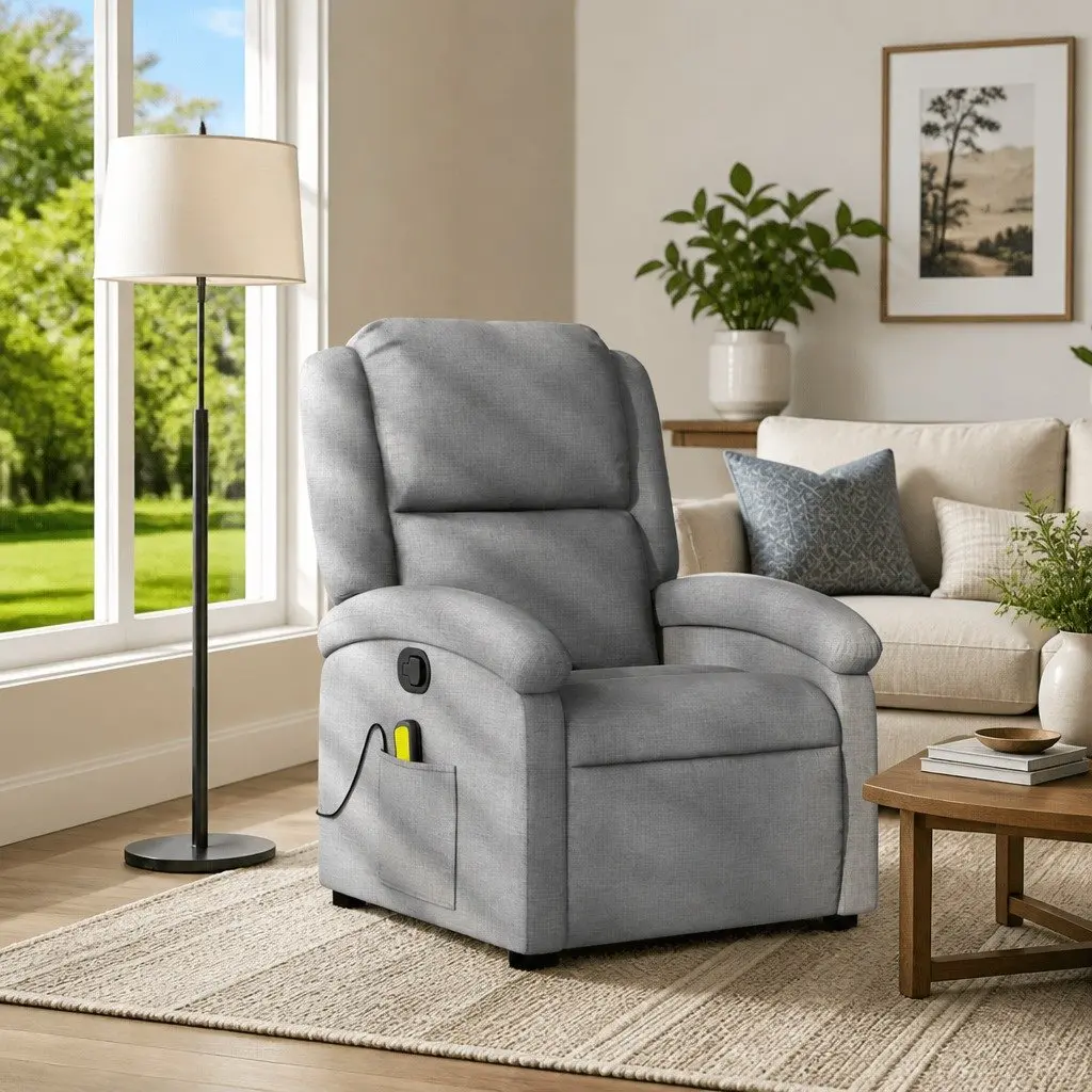 Massage Recliner Chair Light Grey Fabric Manual Reclining Vibration 6 Points