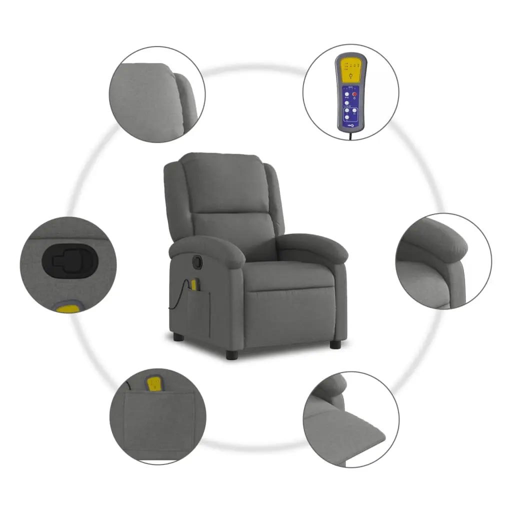 Manual Recliner Chair Grey Fabric 135 Degrees 6 Vibration Points Massage Function