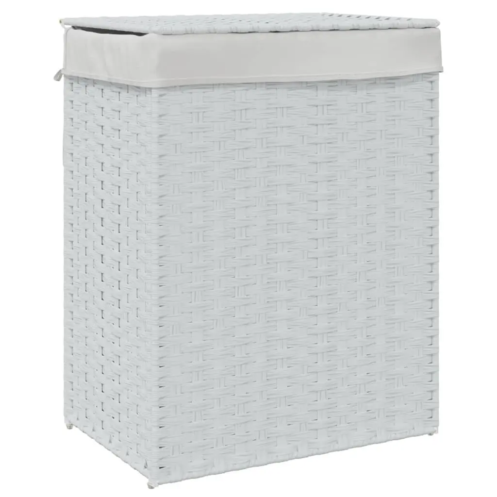 Laundry Basket White Poly Rattan Foldable with Lid Removable Inner Bag