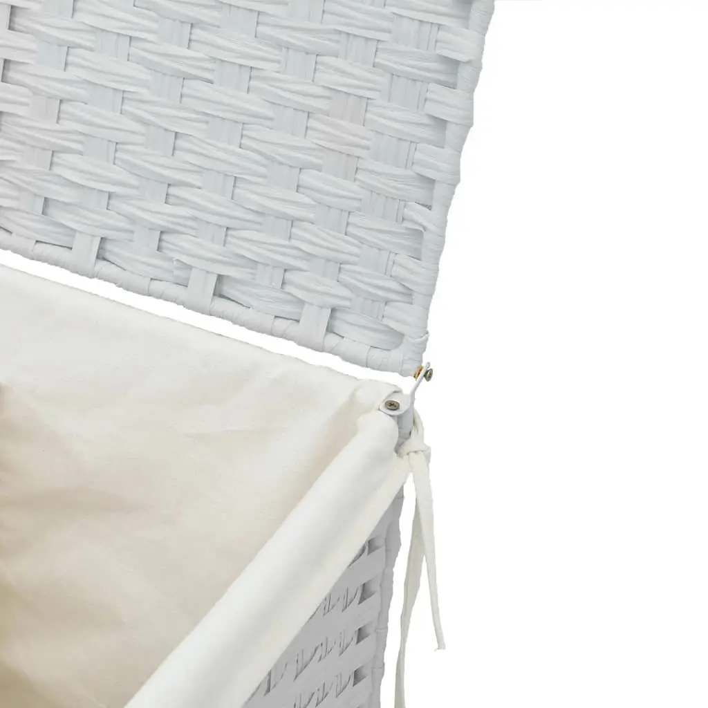 Laundry Basket White Poly Rattan Foldable with Lid Removable Inner Bag
