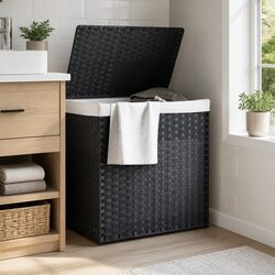 Laundry Basket with 2 Sections Grey 53x35x57 cm Poly Rattan Storage Bin with Lid