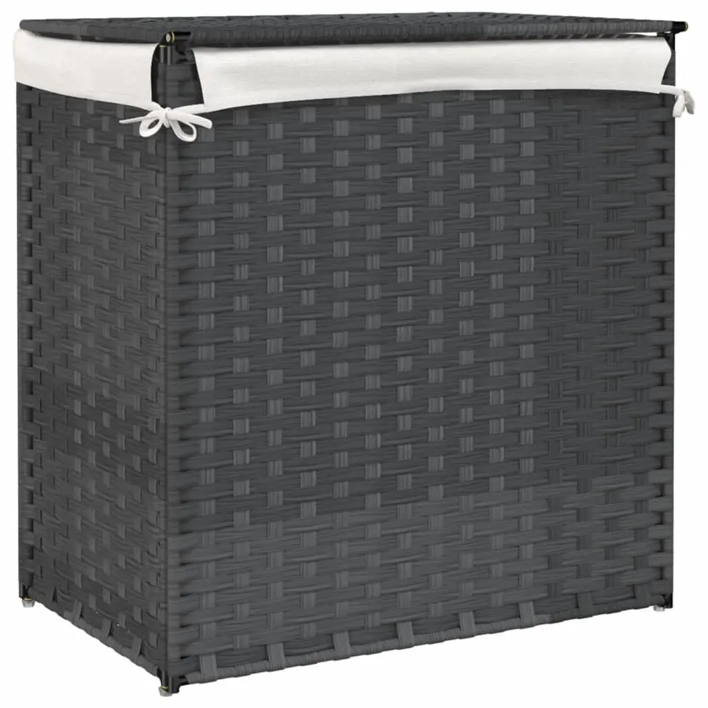 Laundry Basket Grey 53x35x57 cm 2 Sections Poly Rattan Storage Bin with Lid
