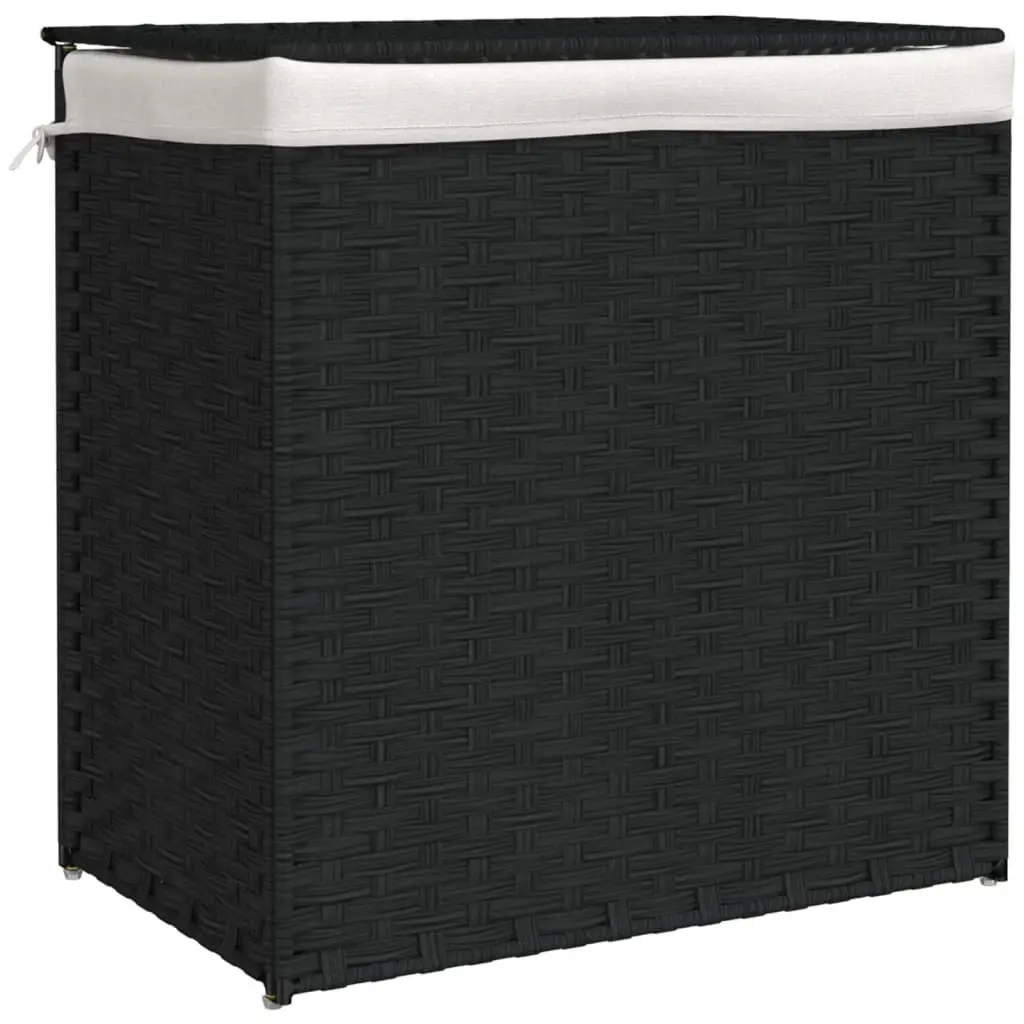 Laundry Basket Black Foldable Poly Rattan 2 Sections Removable Bag