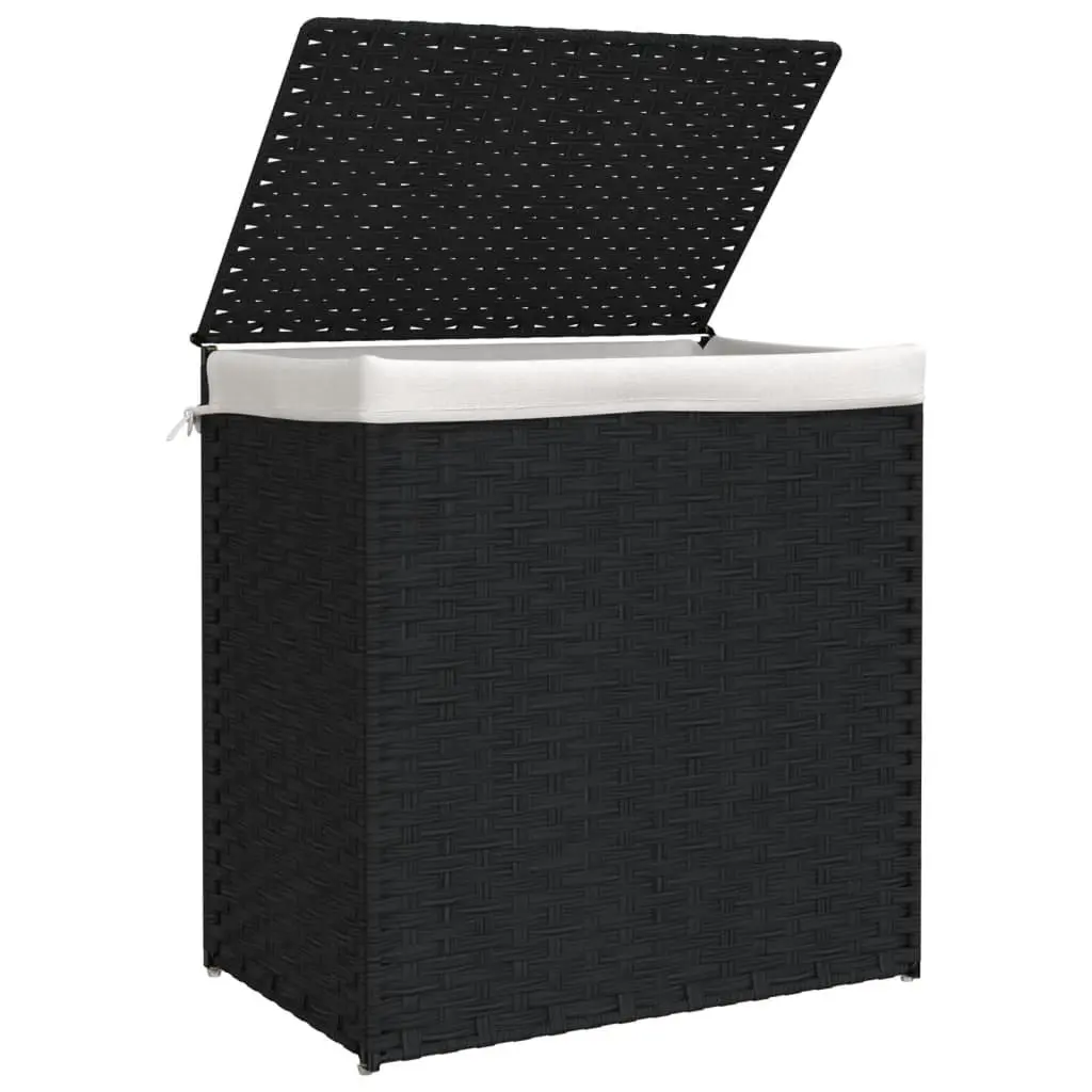 Laundry Basket Black Foldable Poly Rattan 2 Sections Removable Bag