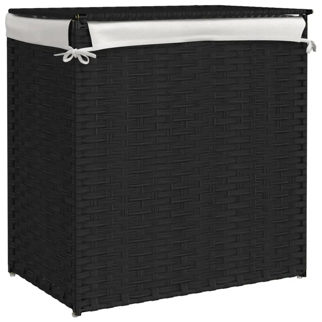 Laundry Basket Black Foldable Poly Rattan 2 Sections Removable Bag
