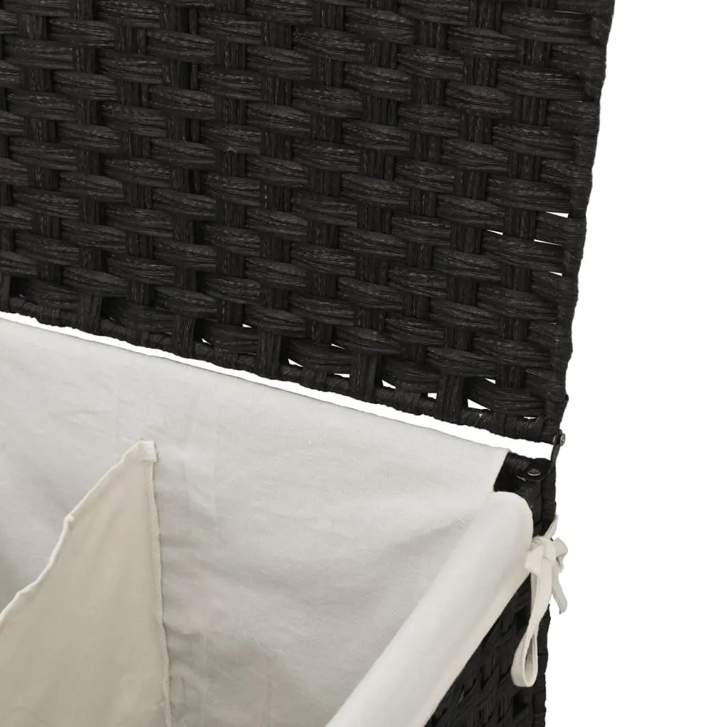 Laundry Basket Black Foldable Poly Rattan 2 Sections Removable Bag
