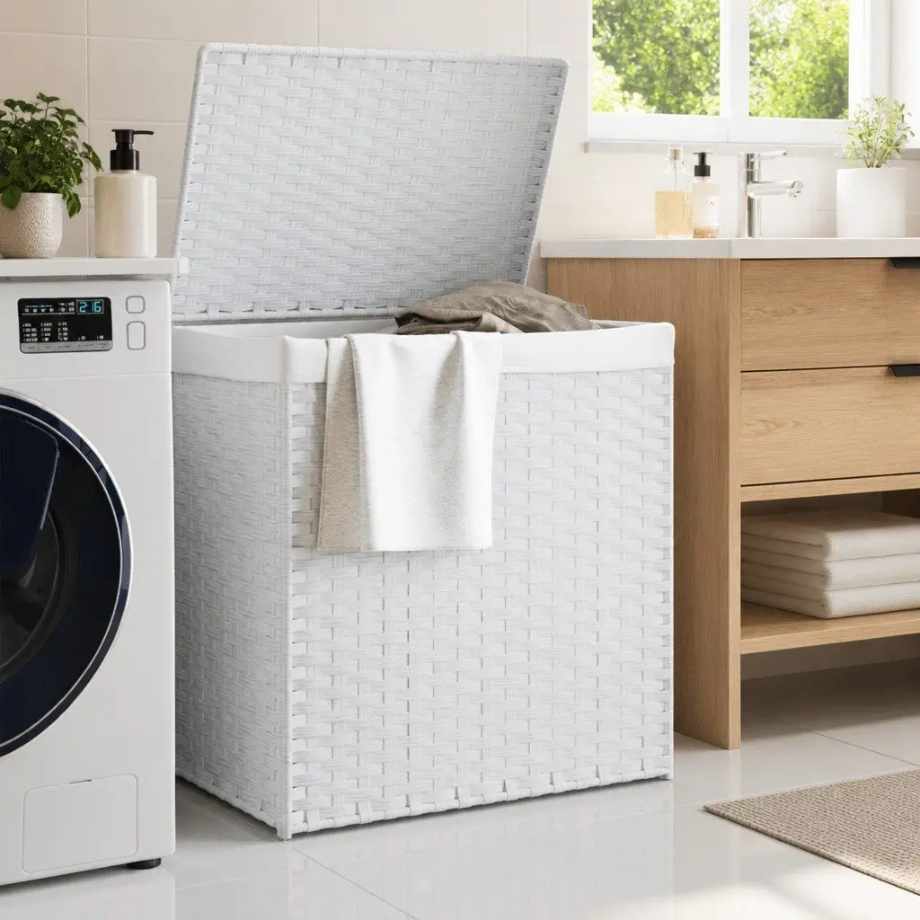 2-Compartment Laundry Basket in White