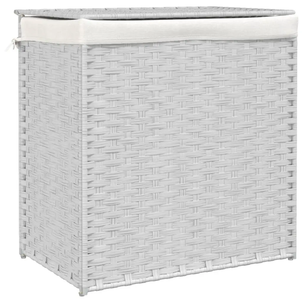 Laundry Basket White 53x35x57cm Poly Rattan 2 Sections Foldable Hamper