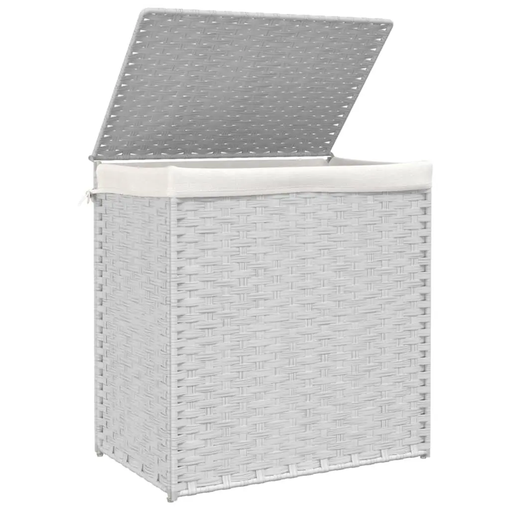 Laundry Basket White 53x35x57cm Poly Rattan 2 Sections Foldable Hamper
