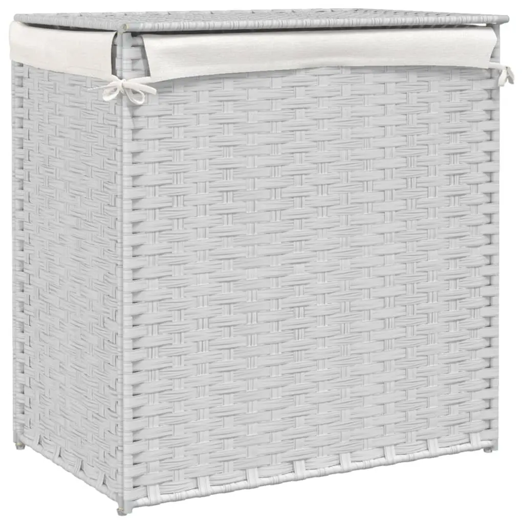 Laundry Basket White 53x35x57cm Poly Rattan 2 Sections Foldable Hamper