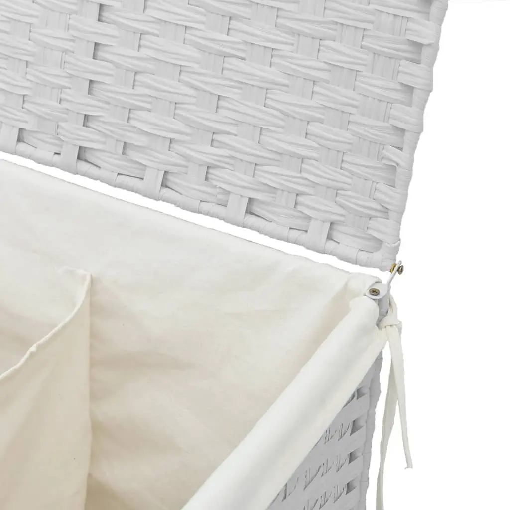 Laundry Basket White 53x35x57cm Poly Rattan 2 Sections Foldable Hamper